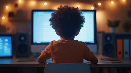 child with curly hair sits at desk, focused on computer screen in cozy, softly lit room. atmosphere is warm and inviting, perfect for creativity and learning.