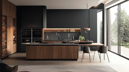 Modern Kitchen Interior Design with Dark Cabinets and a Wooden Island