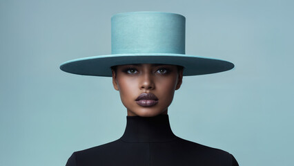 An African American model in a blue top hat with a wide brim. The woman is wearing a black turtleneck sweater. Blue background.