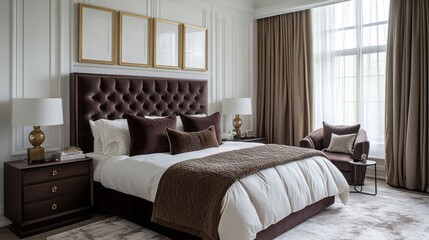 Fototapeta premium Luxurious bedroom with brown velvet headboard and gold accents