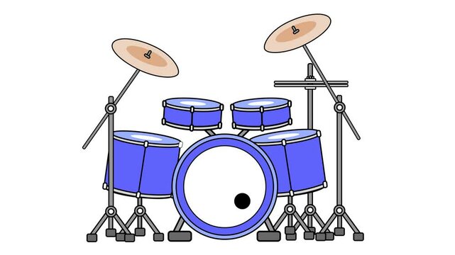 A drum set cartoon animation. Percussion instrument. Alpha channel. Seamless looping. Suitable for musical video content