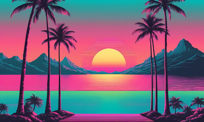 Synthwave background with palm trees and a sunset 