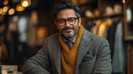 Obraz premium A South Asian male clothing consultant advising customers in an upscale store during fall