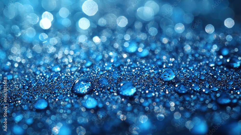 Poster natural macro shot of dewdrops on blue surface, creating calming effect