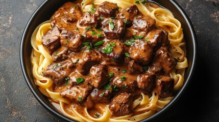 Beef Stroganoff with Fettuccine Pasta in a Bowl. Generative AI