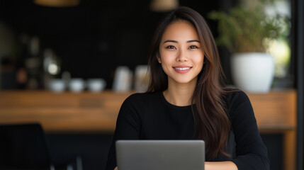 confident woman smiles while working on laptop in cozy cafe setting, showcasing blend of professionalism and warmth.