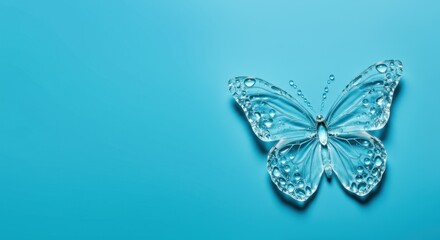 Crystal butterfly with water droplets on light blue background