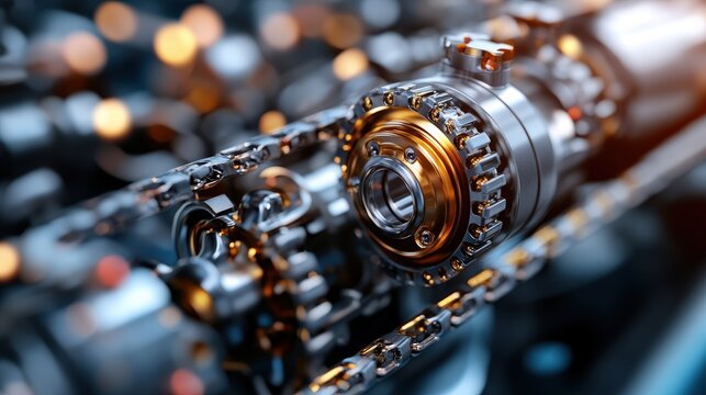 A close-up view of complex mechanical gears and chains, highlighting the intricate design and craftsmanship, reflecting precision engineering and technology advances.