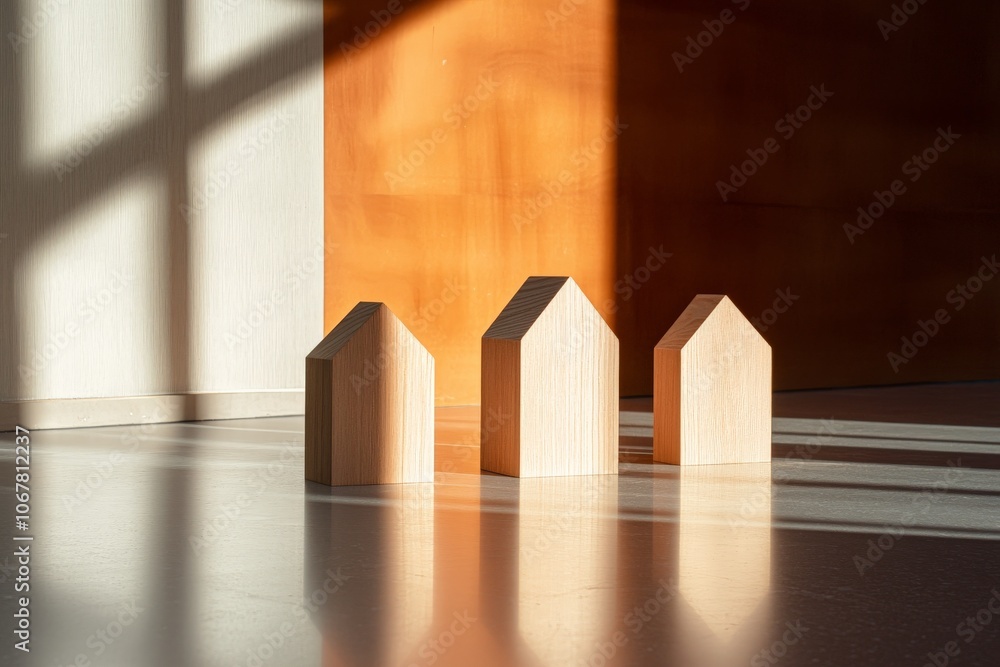 Poster three wooden house-shaped blocks stand on a floor in warm sunlight with shadows extending, creating 