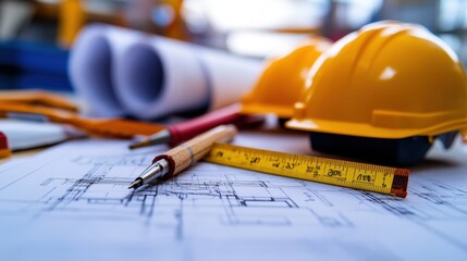 Construction workspace featuring blueprints, a yellow hard hat, pencils, and measuring tape, representing planning and designing in architecture and engineering.