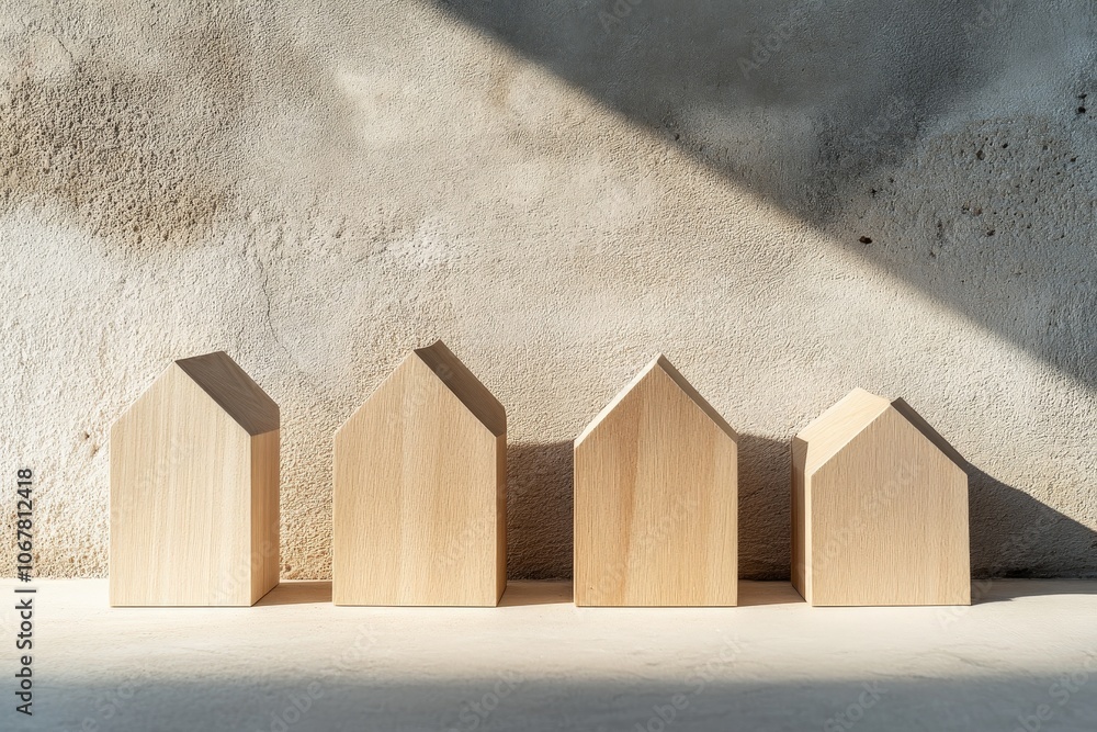 Leinwandbilder this image features four wooden house blocks on a surface illuminated by gentle light, emphasizing s