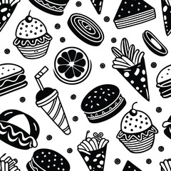 seamless pattern of delicious food on white background