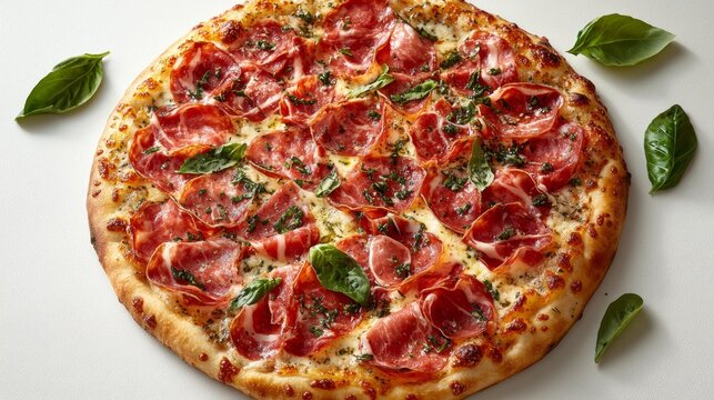 Top View of Prosciutto Pizza on White Background. Generative AI