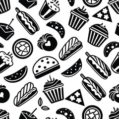 seamless pattern of delicious food on white background