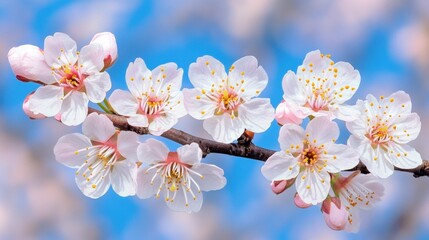 Delicate white cherry blossoms blooming on a branch against a blue sky.