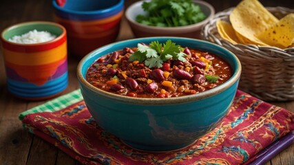 A vibrant bowl of chili topped with cilantro, surrounded by rice, tortillas, and fresh herbs.