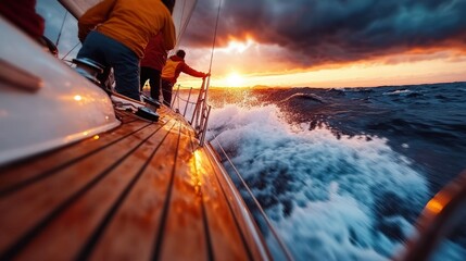 A sailing boat with a crew bravely confronting powerful waves during an ocean voyage at sunset, capturing adventure, challenges, and nature’s force in motion.