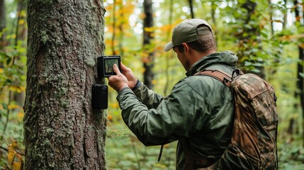 Naklejka premium A person sets up a trail camera in a forest during the autumn season to capture wildlife activities and monitor animal behavior