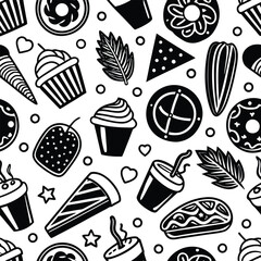 seamless pattern of delicious food on white background
