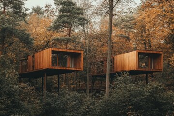 Two modern, sleek wooden cabins are harmoniously integrated within a richly colored autumnal forest, capturing a perfect blend of contemporary living and nature's beauty.