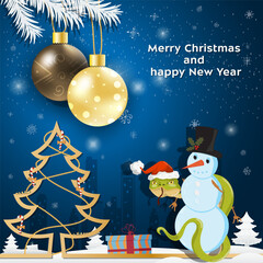 Christmas and New Year greetings Christmas balls hang on tree branches A snake in a Santa Claus hat wraps around a snowman