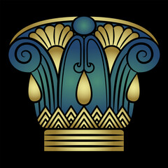 Ethnic ancient Egyptian ornament. Symmetrical antique decor with spirals and palmette motives. Stylized lotus flower. Blue and gold silhouette on black background.