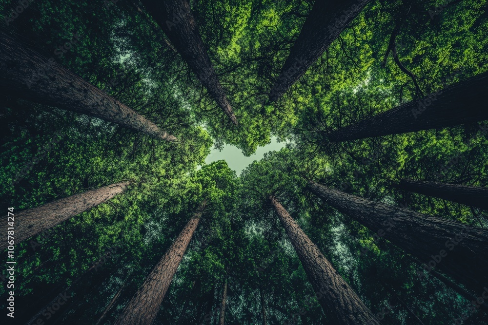 Poster a captivating upward view of towering green trees, creating a natural, lush canopy against a clear s
