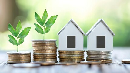 A creative representation of growth, featuring miniature houses and plants atop stacks of coins, symbolizing the investment in sustainable living.