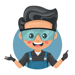 Maintenance technician pointing his finger. Express an idea and indicate with the index finger. Handyman focused on maintenance tasks, repairs in industrial and domestic environments