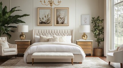 Fototapeta premium Elegant Bedroom with Upholstered Bed, Gold Accents, and Artwork