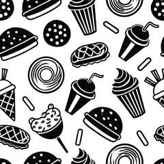 seamless pattern of delicious food on white background
