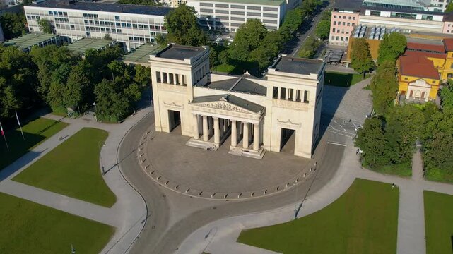 Beautiful aerial footage The Propylaea is a city gate in Munich at the west side of K&ouml;nigsplatz.