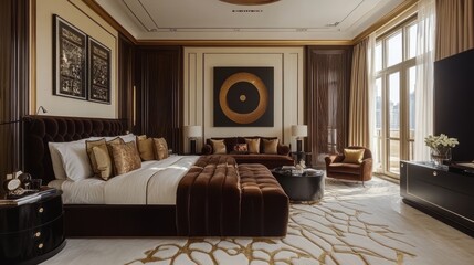 Fototapeta premium Luxurious Bedroom Interior with Gold Accents and City Views