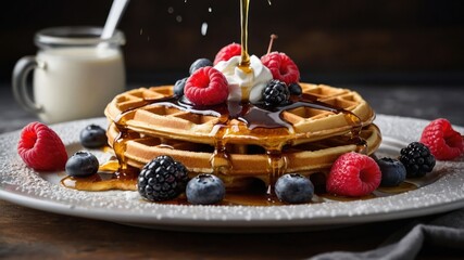 A stack of waffles topped with syrup, berries, and whipped cream, served on a plate.