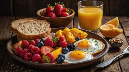 A vibrant breakfast plate featuring eggs, fruits, toast, and juice.