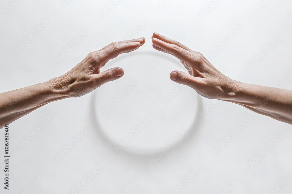 Poster A minimalist image of two hands shaping an abstract sphere, symbolizing creativity and connection, evoking themes of human touch and artistic expression.