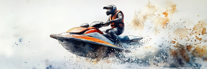 Artistic illustration of jetski in water. Flat vector. Summer tropical sports.