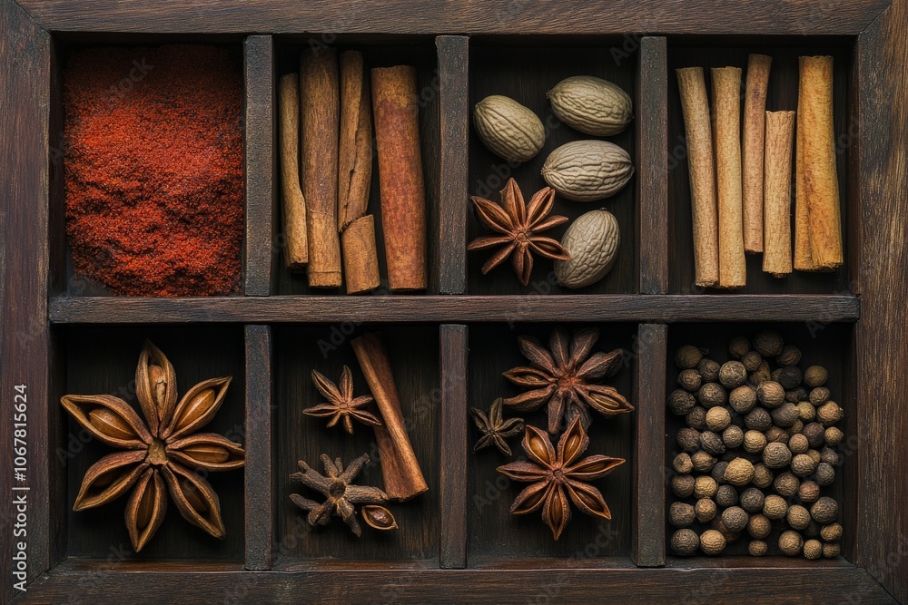 Aufkleber A visually pleasing variety of spices is neatly organized into wooden compartments, featuring different textures, colors, and forms creating an aromatic composition.