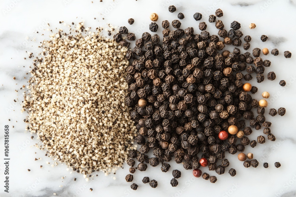 Poster Image showing a mix of whole black and ground white peppercorns on a marble surface, creating a striking contrast in texture and color for culinary presentation.