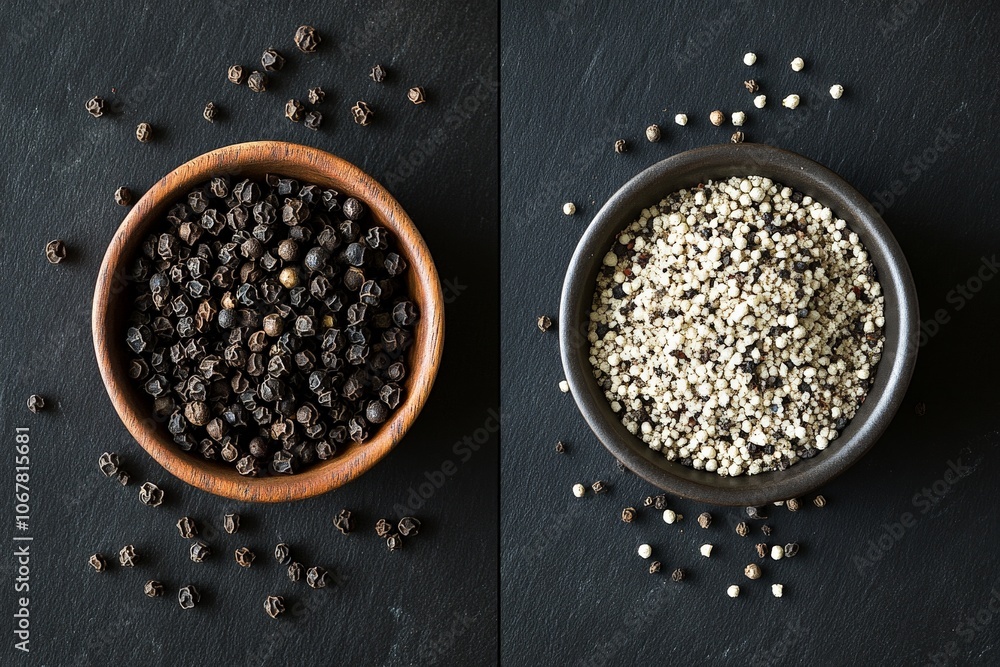 Poster The image features black and white peppercorns in two different wooden bowls, providing a visual contrast and highlighting their significance in culinary arts.