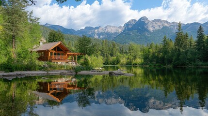 Fototapeta premium Alpine lake with mountain reflections and a cozy cabin on the shore, surrounded by lush greenery