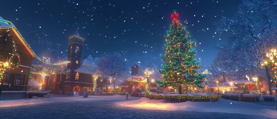 Fototapeta premium Explore the enchanting winter landscape of a snowcovered town square bathed in colorful christmas lights
