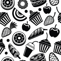 seamless pattern of delicious food on white background
