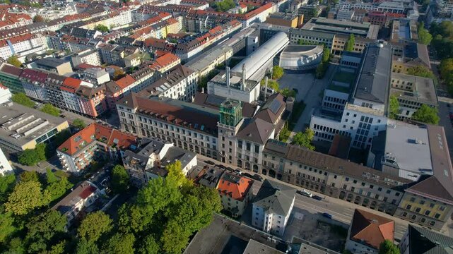 Beautiful aerial footage The Propylaea is a city gate in Munich at the west side of K&ouml;nigsplatz.