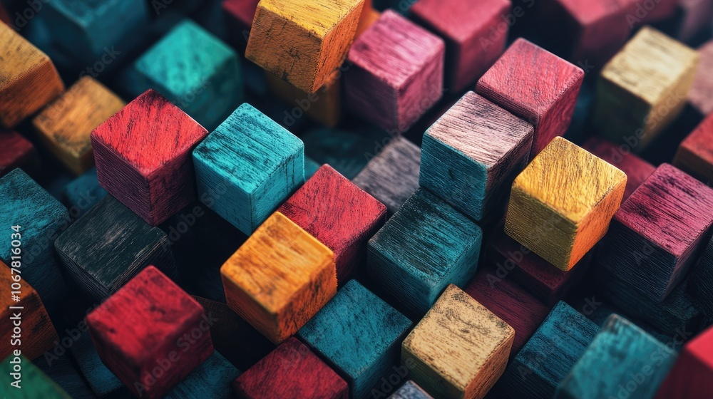 Poster Background with colorful wooden blocks stacked randomly, with bright and varied hues creating a fun aesthetic