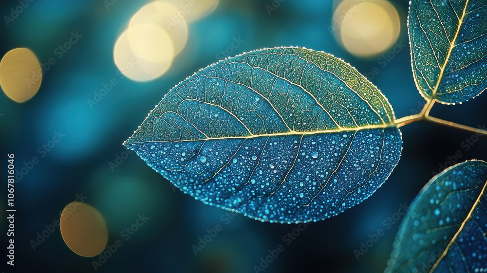 Poster close up of leaf with water droplets, showcasing intricate textures and patterns
