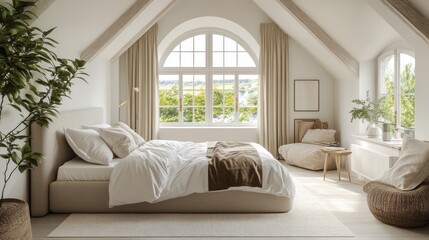 Fototapeta premium A Modern Bedroom with White Walls and Beige Furnishings