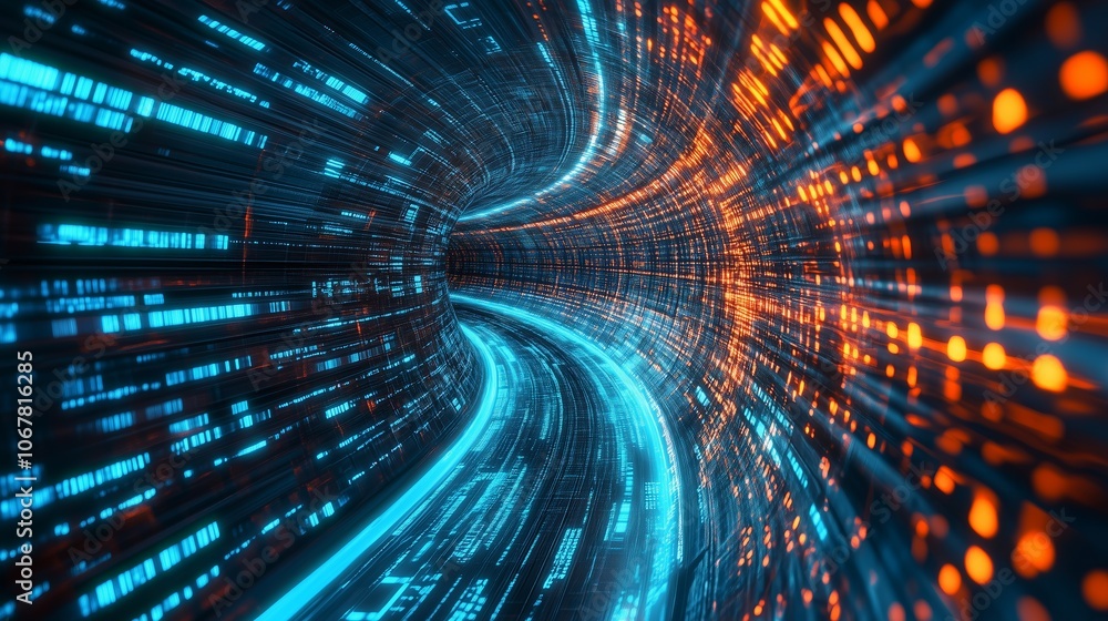 Poster digital abstraction representing a futuristic tunnel of blue and orange data streams in a vibrant se
