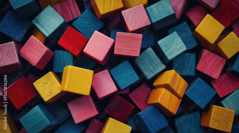 Poster brightly colored wooden blocks laid out randomly, creating a playful, vibrant background perfect for