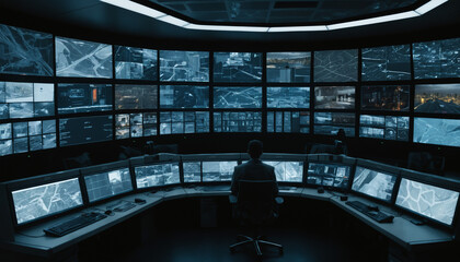 "High-Tech CCTV Control Room with Multiple Monitors Displaying City Surveillance Feeds"
